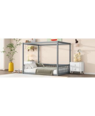 Full Size Canopy Frame Rubber Wood Floor Bed with Fence,Guardrails