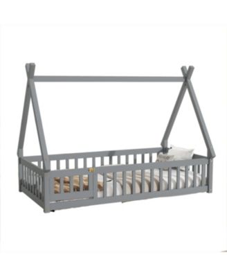 Twin Tent-shaped Floor Bed,Teepee Bed with Guardrails,Slats and Door