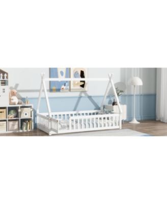  Twin Tent-shaped Floor Bed,Teepee Bed with Guardrails,Slats and Door