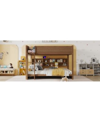 Queen Over Queen Bunk Bed with Storage, Ladder & Charging