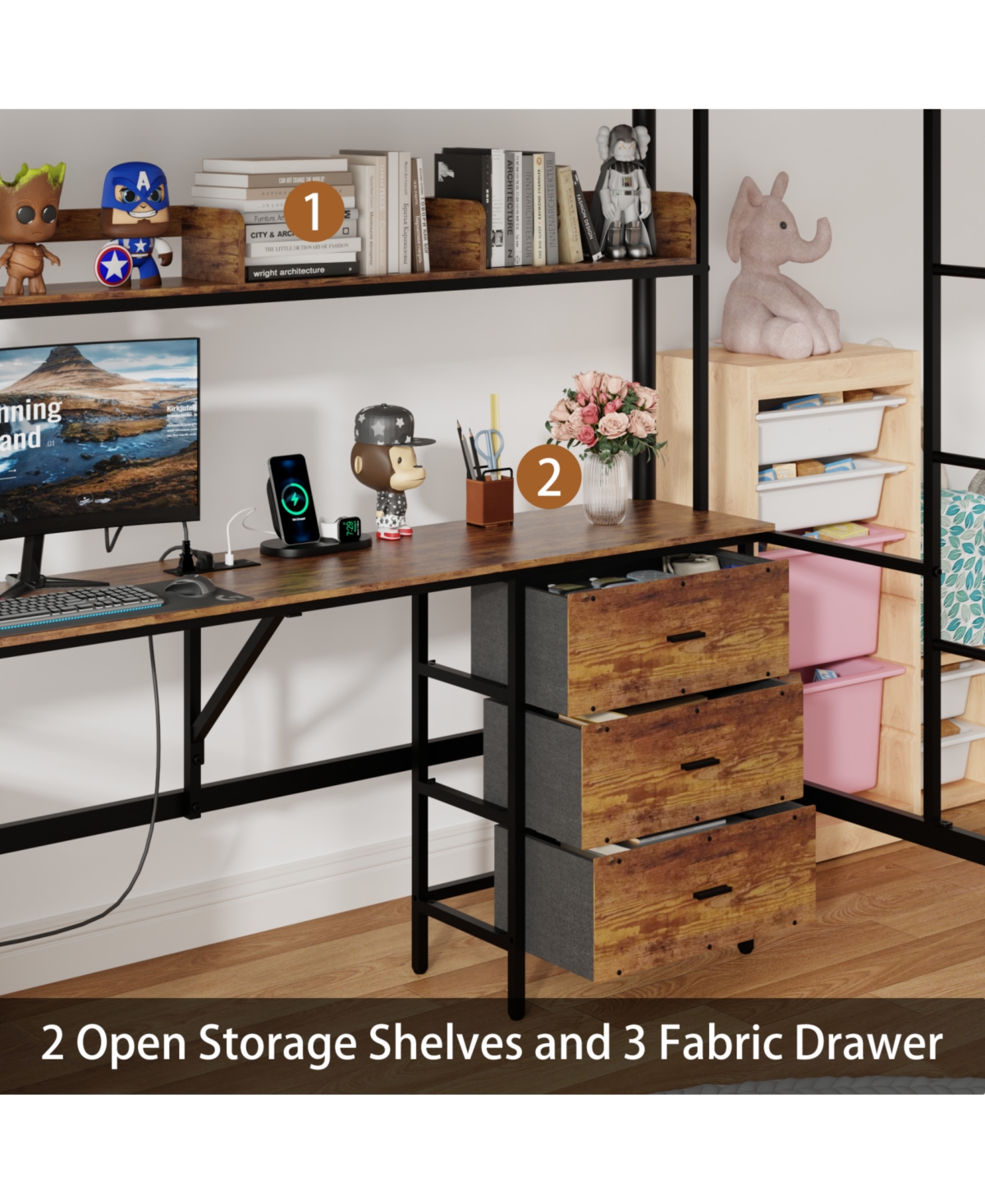 Streamdale Furniture Loft Bed Twin with L-Desk, Charging Station, Drawers & Shelves - Brown