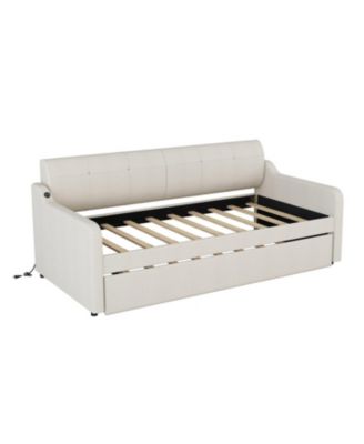 Twin Upholstered Daybed with Trundle & USB, Beige