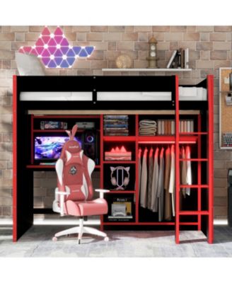 Full Size Wood Loft Bed with Desk Wardrobe Storage & RGB Lights Red