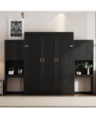  Queen Size Murphy Bed with Desk Vanity and Cabinets Espresso