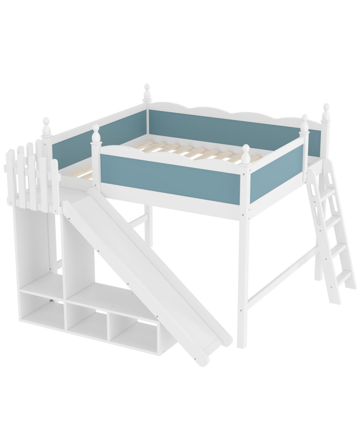Streamdale Furniture Queen Loft Bed with Storage Shelves, Cabinet, Slide & Ladder (Blue/White)