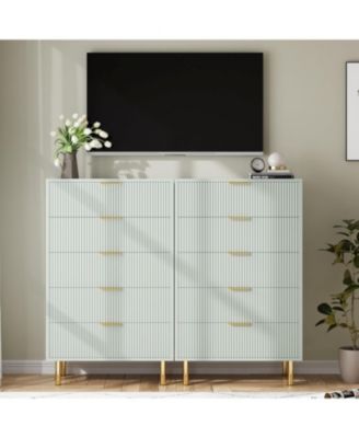 5-Drawer Modern Green Dresser, Wood Chest Organizer with Gold Handle, Tall Cabinet for Bedroom, Living Room, Entryway
