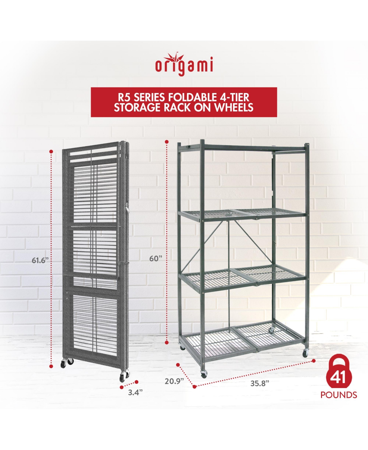 Origami 4 Tier Multipurpose Folding Storage Organizing Rack with Wheels, Gray