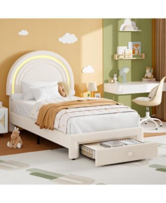 Twin LED Bed Frame Storage Drawer Rainbow Headboard Berber Fleece Princess Platform Bed for Kids Solid Wood Slat Support No Box Spring Easy