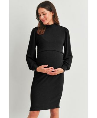Maternity Double Layer Mock Neck Ribbed Nursing Dress