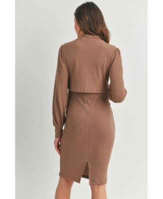 Maternity Double Layer Mock Neck Ribbed Nursing Dress