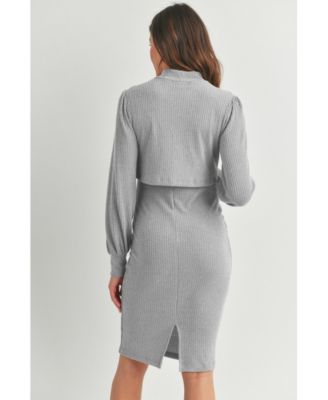 Maternity Double Layer Mock Neck Ribbed Nursing Dress