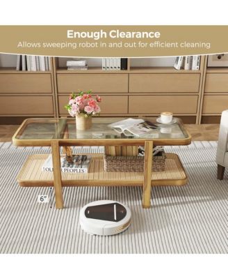 2-Tier Rustic Coffee Table with Storage Tempered Glass Tabletop PE Rattan Shelf