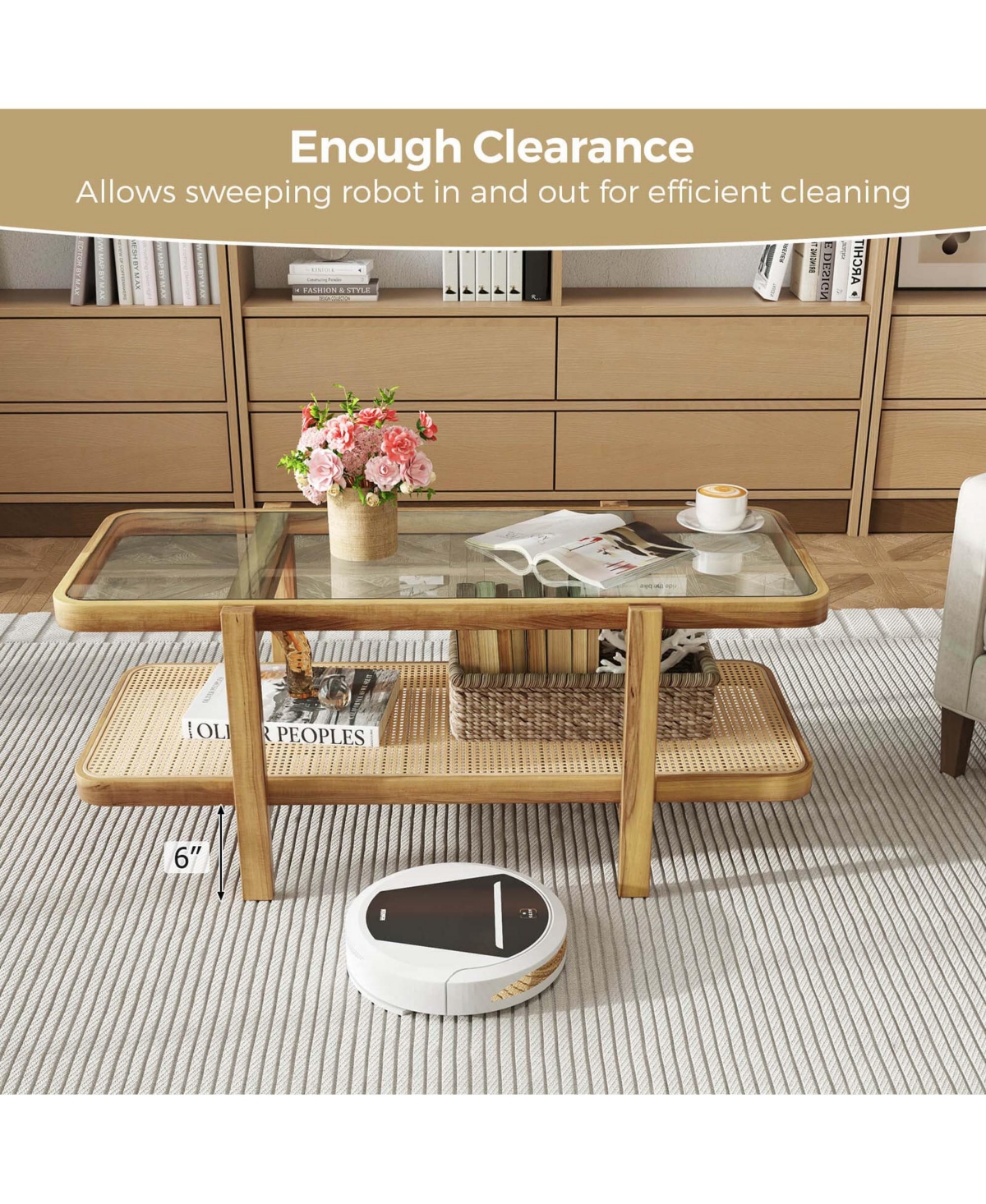 Costway 2-Tier Rustic Coffee Table with Storage Tempered Glass Tabletop Pe Rattan Shelf