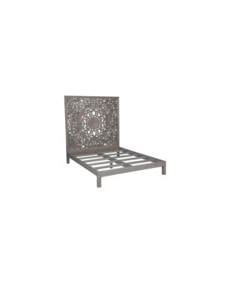 Mandala Hand Carved Motif Queen Bed, Gray