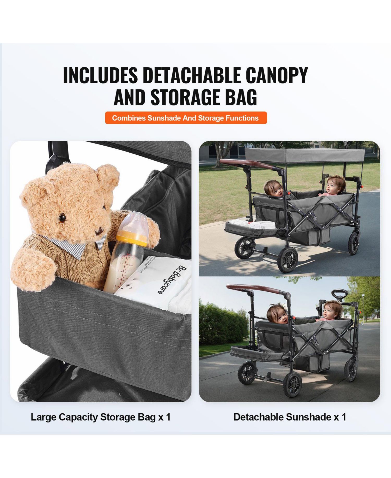 SUGFIT Wagon Stroller for 2 Kids Folding Push-Pull Stroller with Canopy Grey