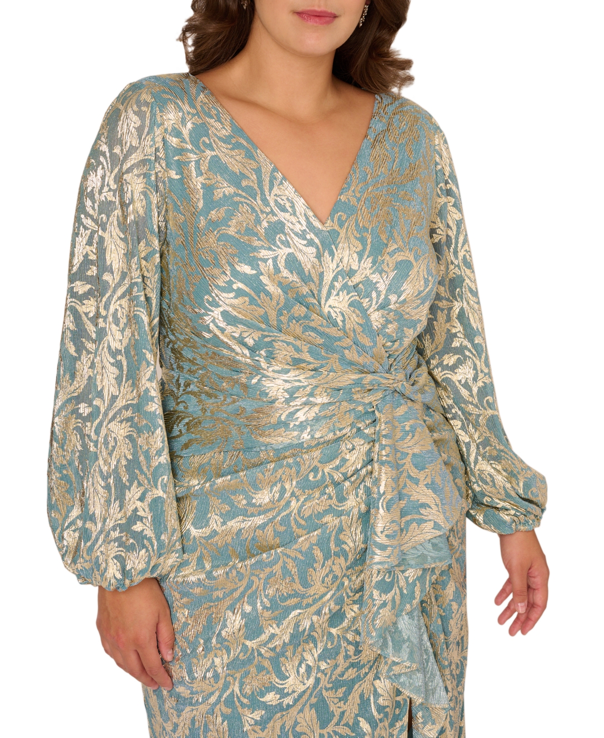 Adrianna Papell Plus Metallic Crinkle V-Neck Ball Gown