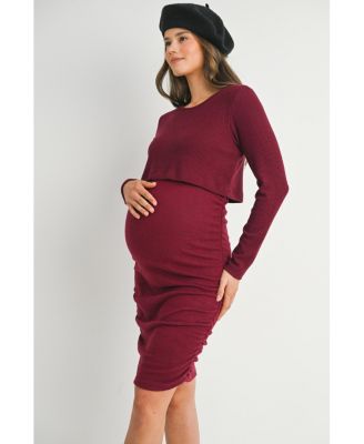 Maternity Long Sleeve Ribbed Side Ruched Nursing Dress