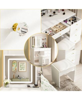 5-Drawers White Makeup Vanity Sets Dressing Table Sets with LED Dimmable Mirror, Stool and 3-Tier Storage Shelves
