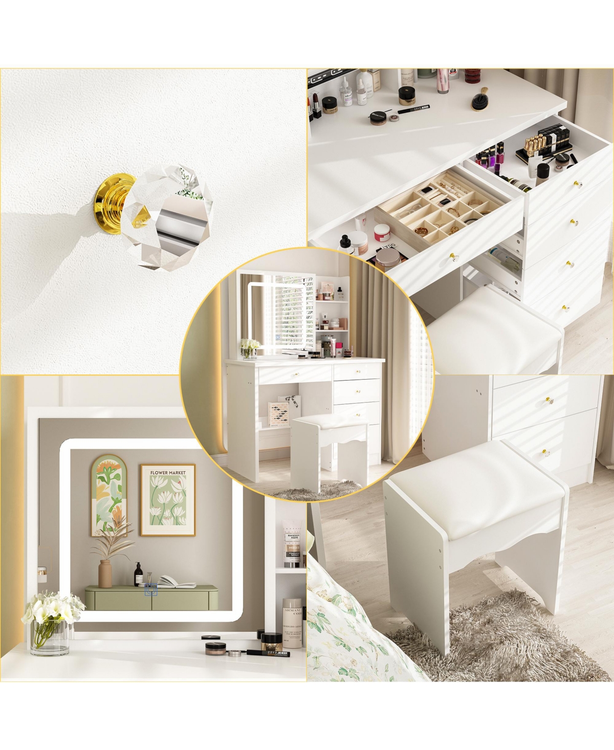 Famapy 5-Drawers White Makeup Vanity Sets Dressing Table Sets with Led Dimmable Mirror, Stool and 3-Tier Storage Shelves