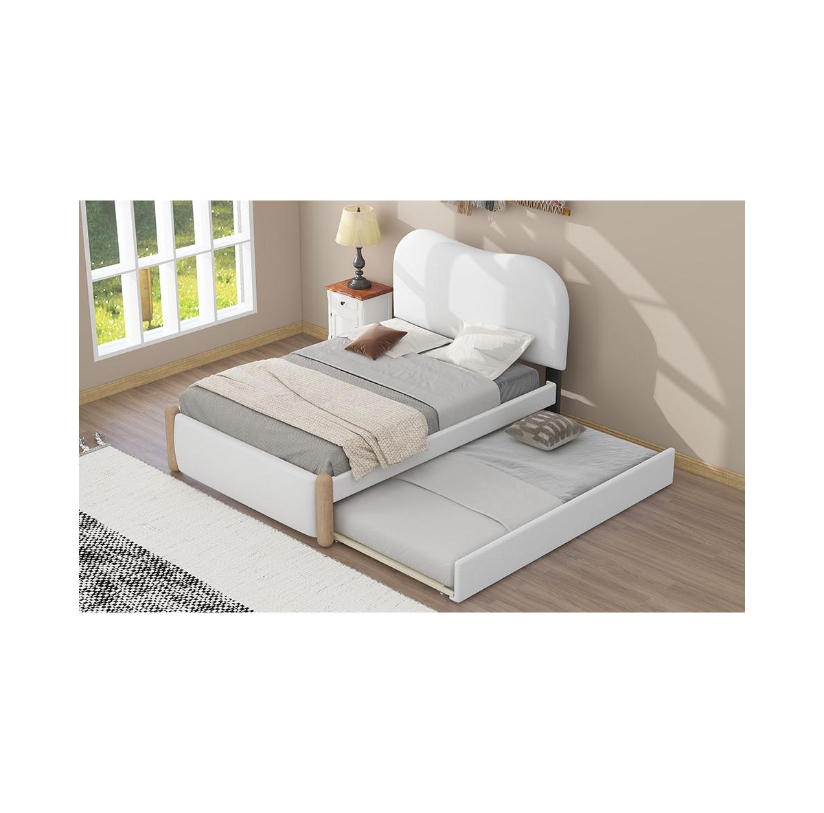 Lovmor Twin Size Upholstered Platform Bed with Wood Supporting Feet and Twin Size Trundle