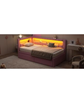Upholstered Twin Size Platform Bed with USB Ports and LED Belt With 2 Drawers
