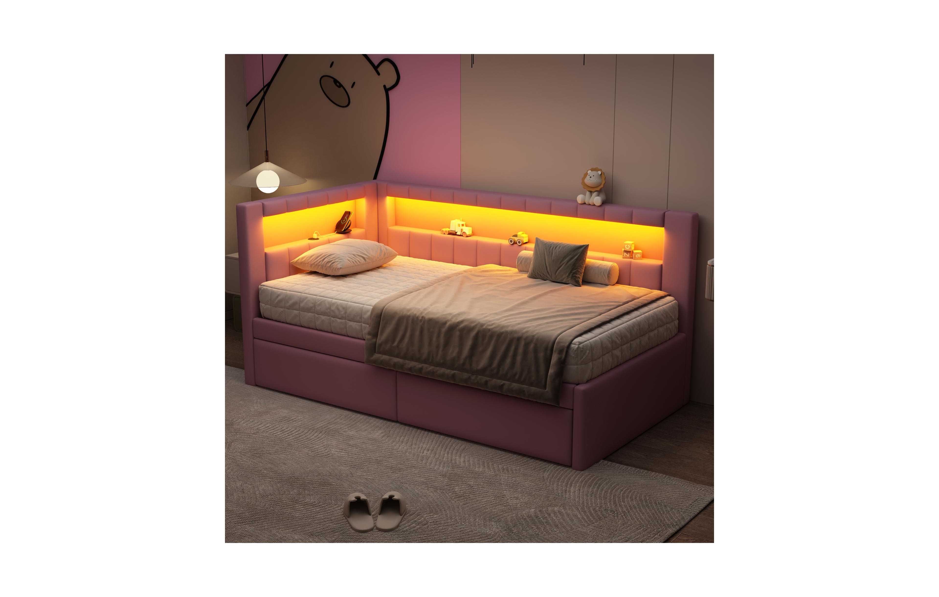 Lovmor Upholstered Twin Size Platform Bed with Usb Ports and Led Belt With 2 Drawers