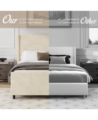  King Size High Headboard Corduroy Upholstered Bed Frame with Vertical Stripe Wingback and High Footboard