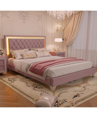Queen Size Upholstered Bed Frame with LED Lights Modern Velvet Platform Bed with Tufted Headboard Pink