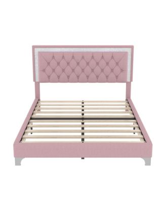 Queen Size Upholstered Bed Frame with LED Lights Modern Velvet Platform Bed with Tufted Headboard Pink