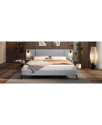 Chic Linen Upholstered Bed with Integrated Lights and Shelves Grey Queen
