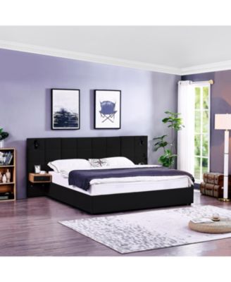 King Size Storage Velvet Upholstered Hydraulic Platform Bed with 2 Shelves 2 Reading Lamps and USB Port