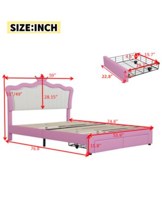 Full Size Upholstered Bed Frame with LED Lights Modern Upholstered Princess Bed with Crown Headboard 2 Drawers Pink+White