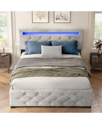 Queen Size Upholstered Platform Storage Bed Frame with 4 Drawers and LED Light No Box Spring Needed