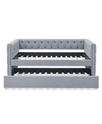 Daybed with Trundle, Twin Size, Upholstered Tufted Sofa Bed with Button & Copper Nail Accents on Square Arms