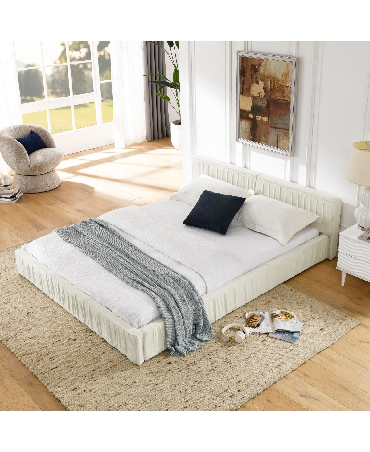 Lovmor Queen Size Upholstered Bed Frame with Chenille fabric Grounded Platform Bed with Headboard and Solid Frame No Box Spring Needed-Beige