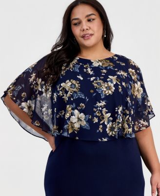 Plus Size Floral- Chiffon Cape-Overlay Dress