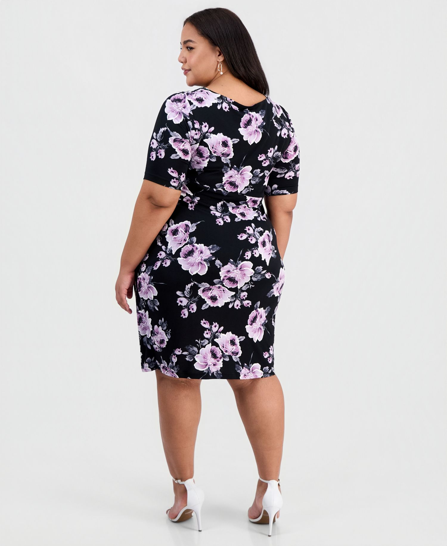 Plus Size Floral Twist-Front Elbow-Sleeve Dress