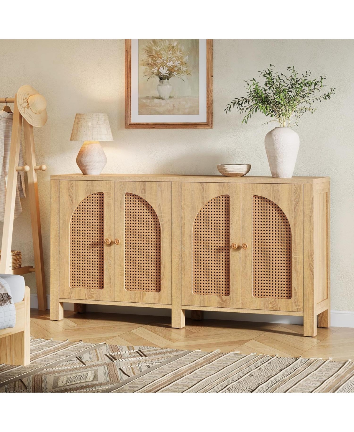 Tribesigns 59" Rattan Kitchen Storage Buffet Cabinet, with 4 Doors