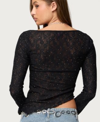Women's Mare Asymmetric Gem Sheer Lace Top