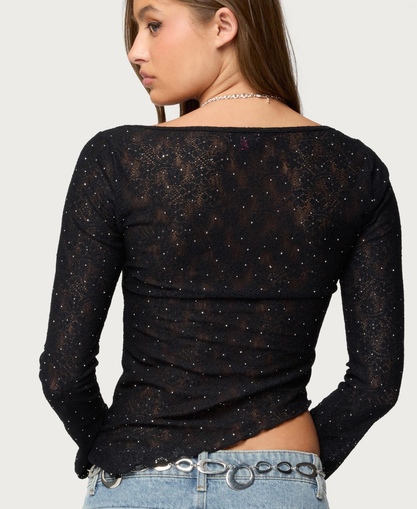 Женский топ Edikted Mare Asymmetric Gem Sheer Lace Top, цвет: Чёрный — фото 2