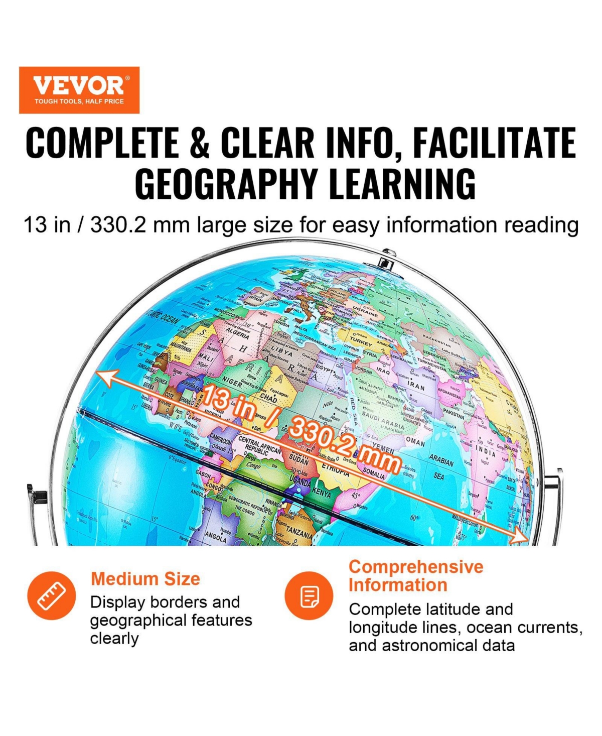 Sugift Illuminated World Globe 13" Led Light-Up Map Globe 720° Spinning