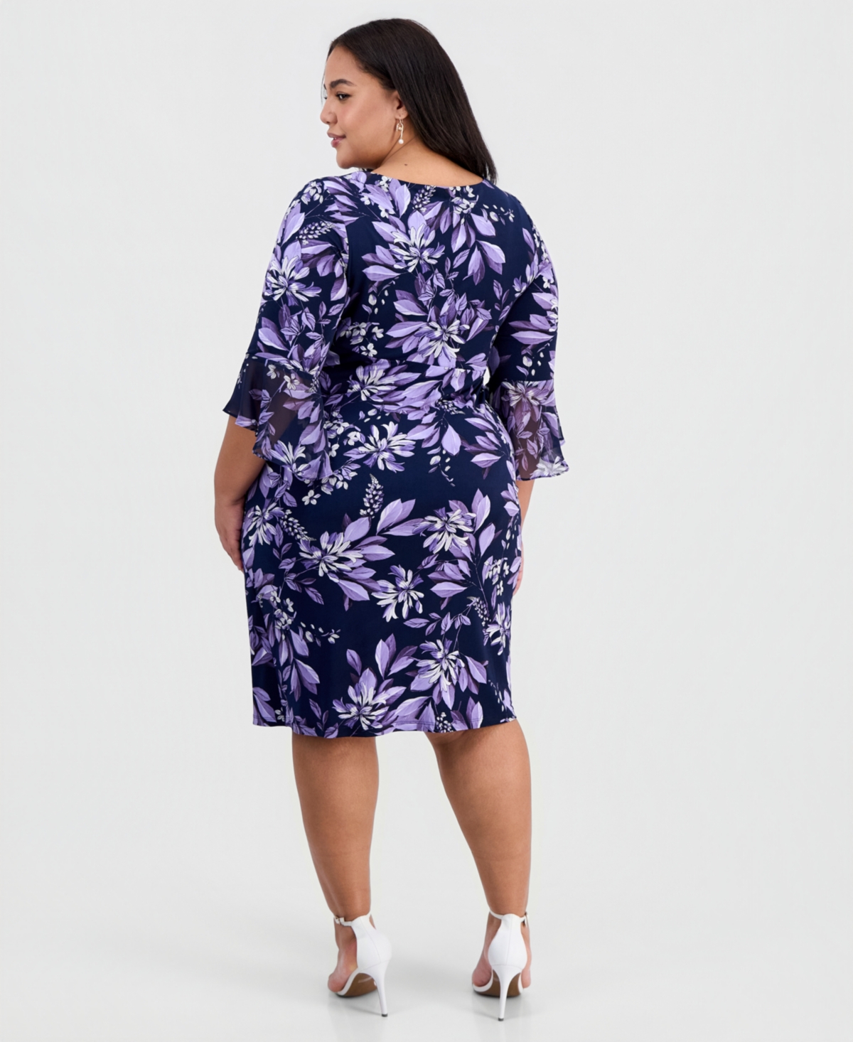 Connected Plus Floral Side-Ruched 3/4-Sleeve Dress