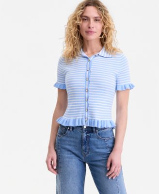 Women's Short-Sleeve Ruffle-Trim Collared Sweater