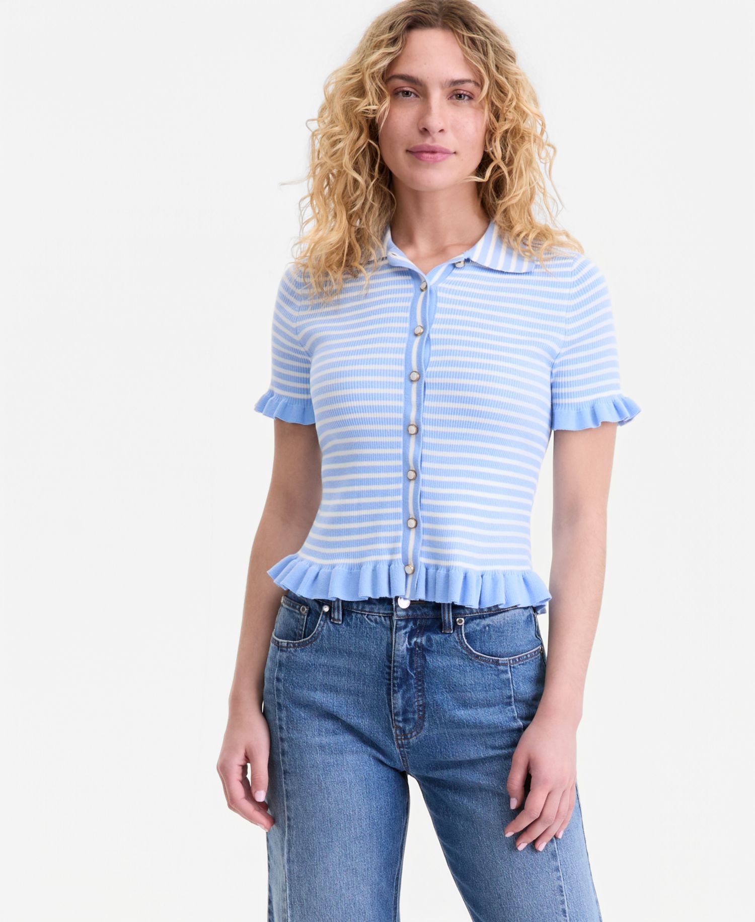 Women's Short-Sleeve Ruffle-Trim Collared Sweater