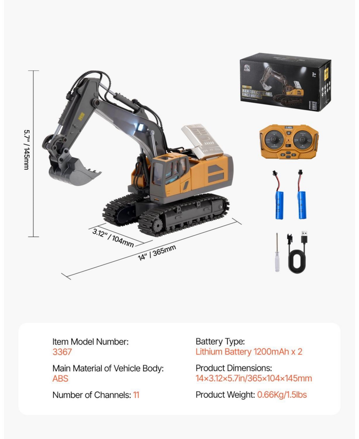 Mecale Rc Excavator Toy, 11-Channel 1:20 Scale Digger with Lights & Sounds, Full-Function Construction Vehicle with 2 Batteries