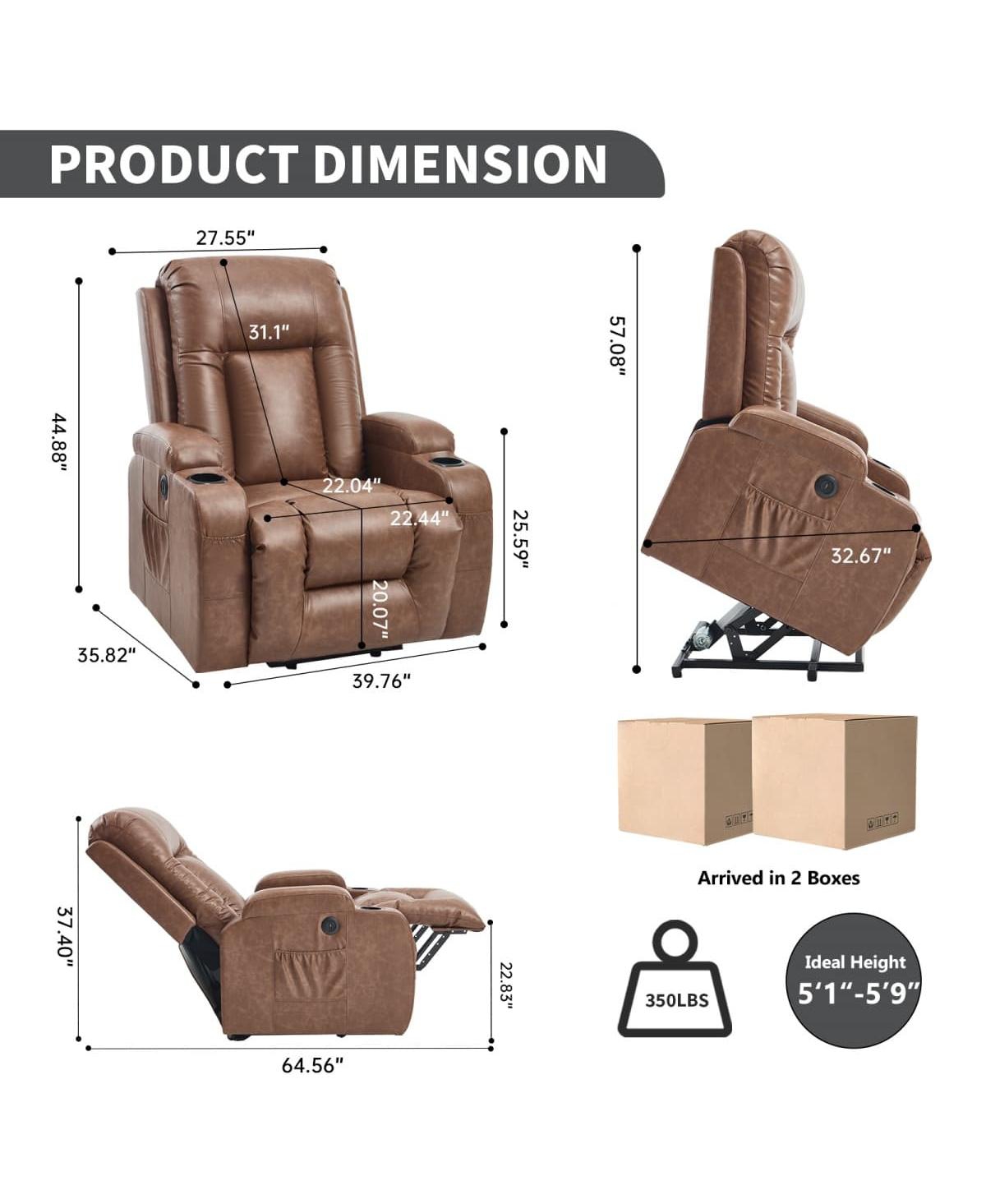 Maison Boucle Faux Leather Power Lift Recliner for Elderly with Massage & Heat, Infinite Position Chair Usb, Cup Holders, Heavy-Duty Base