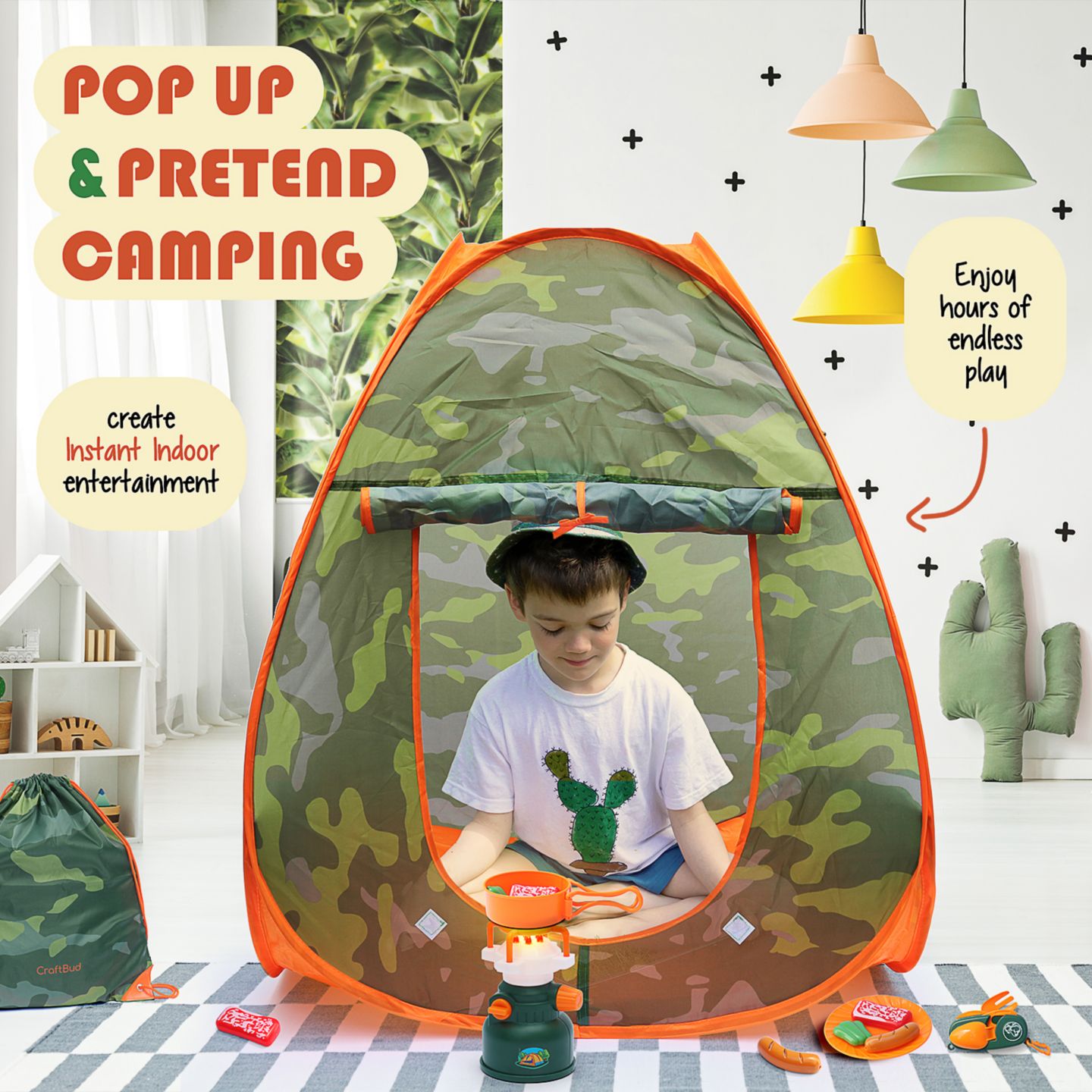 Детские игрушки Clara Clark Camping Pop-Up Tent Light-Up 17-Piece Play Set, Ages 3+, цвет: Зелёный / Оранжевый — фото 6