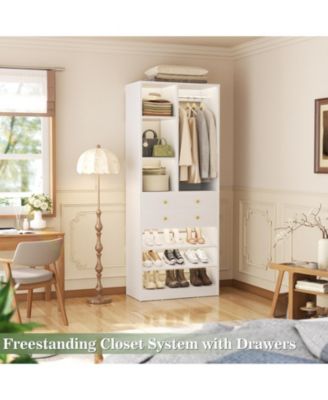 28'' Freestanding Closet Storage System with 2 Drawers, Closet Tower with Hanging Rod, Shelves & Adjustable Shoe Racks