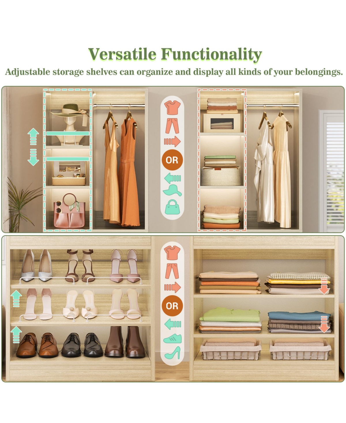 Aheaplus 28'' Freestanding Closet Storage System with 2 Drawers, Tower Hanging Rod, Shelves & Adjustable Shoe Racks