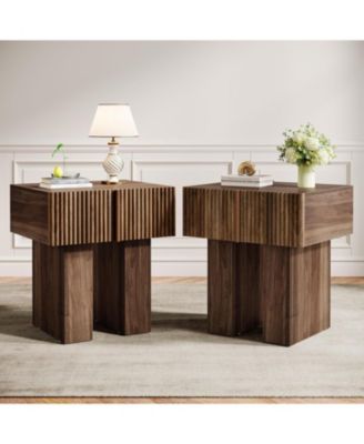 Fluted Nightstand Set of 2, Wooden Night Stand with Storage Drawer, Modern Bedside Table Side End Table